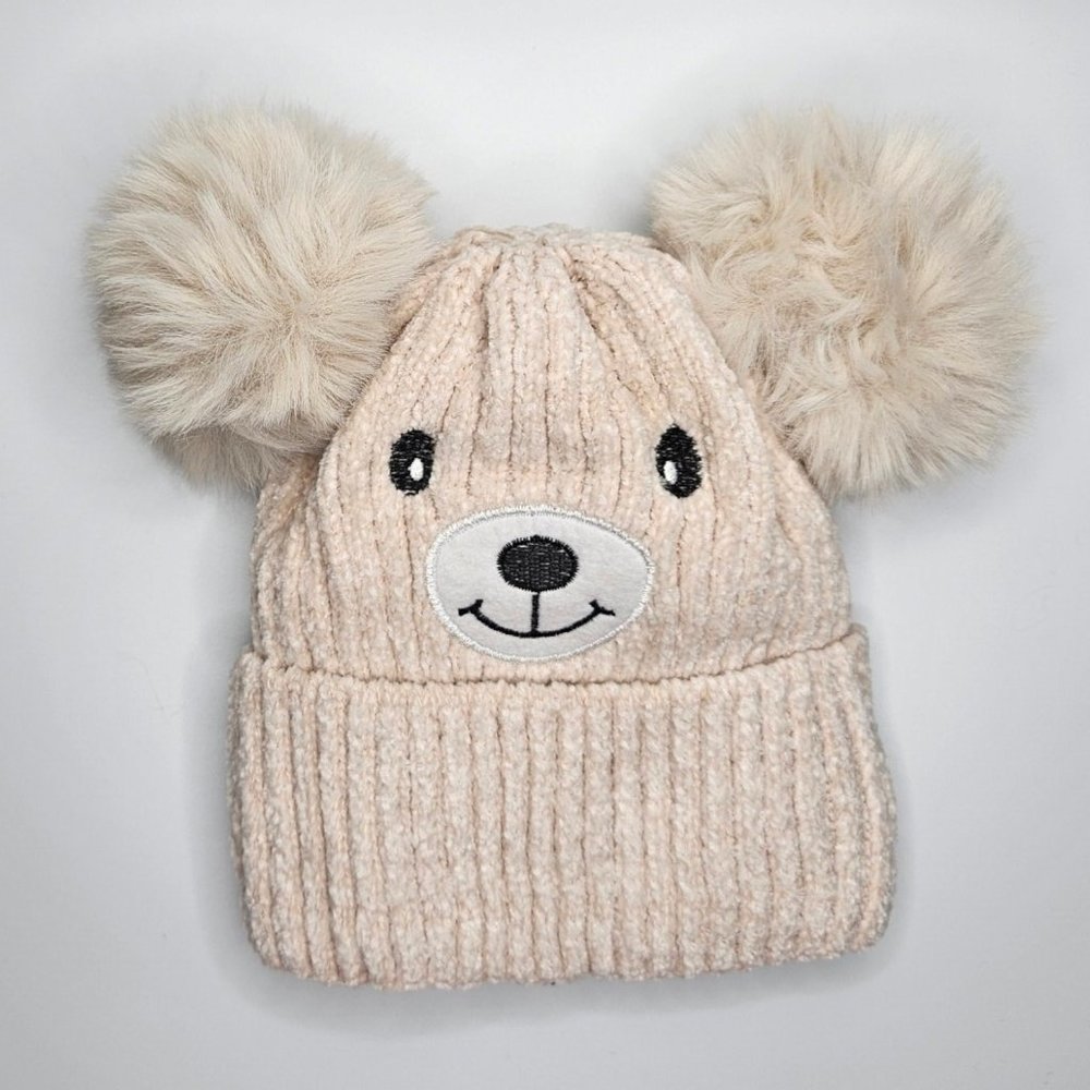 Beige Kids Teddy Bear Sherpa Lined Soft Knit Pom Pom Beanie Winter Hat